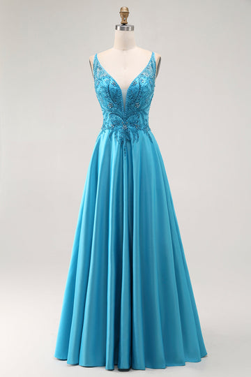 A Line Beaded Long Blue Prom Dress With Appliques